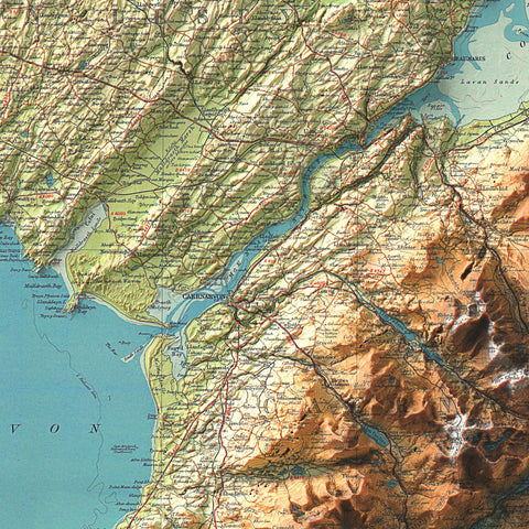 North Wales (Wales, UK), Topographic map - 1941, 2D printed shaded relief map with 3D effect of a 1941 topographic map of North Wales (Wales, UK). Shop our beautiful fine art printed maps on supreme Cotton paper. Vintage maps digitally restored and enhanced with a 3D effect. VizCart from Vizart
