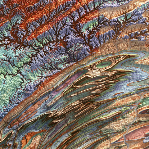 Pennsylvania, Geological map - 1960, 2D printed shaded relief map with 3D effect of a 1960 geologic map of Pennsylvania (USA). Shop our beautiful fine art printed maps on supreme Cotton paper. Vintage maps digitally restored and enhanced with a 3D effect. VizCart from Vizart.