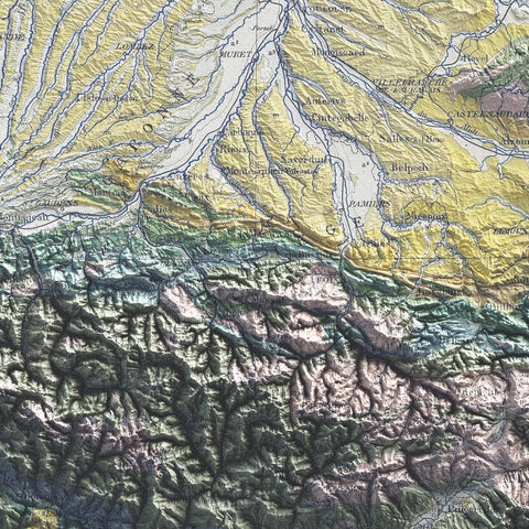 Pyrenees, Geological map - 1891, 2D printed shaded relief map with 3D effect of a 1891 geological map of Pyrenees (France, Spain). Shop our beautiful fine art printed maps on supreme Cotton paper. Vintage maps digitally restored and enhanced with a 3D effect. VizCart from Vizart