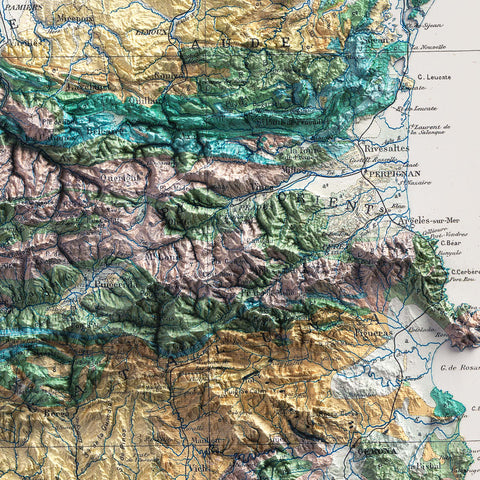 Pyrenees 1891 geological restored antique shaded relief map print on fine art paper close-up