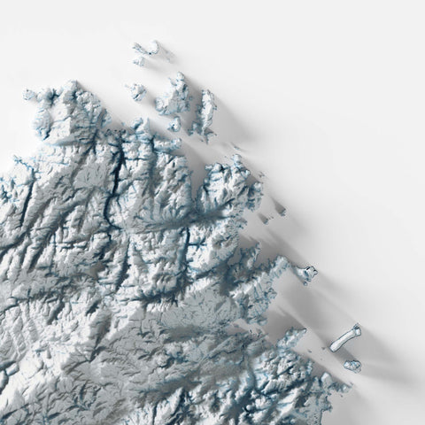 Sardinia (Italy), Elevation tint - White, 2D printed shaded relief map with 3D effect of Sardinia (Italy) with white hypsometric tint. Shop our beautiful fine art printed maps on supreme Cotton paper. Vintage maps digitally restored and enhanced with a 3D effect. VizCart from Vizart