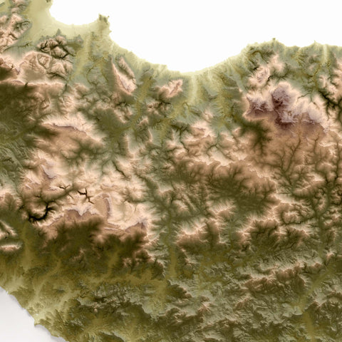 Sicily (Italy), Elevation tint - Geo, 2D printed shaded relief map with 3D effect of Sicily (Italy) with geo hypsometric tint. Shop our beautiful fine art printed maps on supreme Cotton paper. Vintage maps digitally restored and enhanced with a 3D effect. VizCart from Vizart
