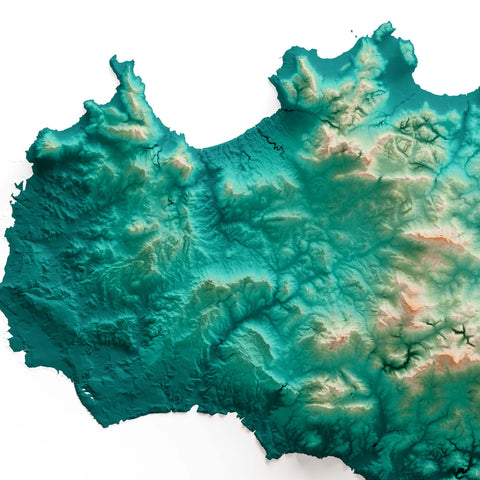 Sicily (Italy), Elevation tint - Spectral, 2D printed shaded relief map with 3D effect of Sicily (Italy) with spectral hypsometric tint. Shop our beautiful fine art printed maps on supreme Cotton paper. Vintage maps digitally restored and enhanced with a 3D effect. VizCart from Vizart