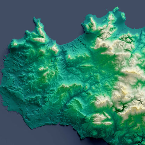 Sicily (Italy), Elevation tint - Viridis, 2D printed shaded relief map with 3D effect of Sicily (Italy) with viridis hypsometric tint. Shop our beautiful fine art printed maps on supreme Cotton paper. Vintage maps digitally restored and enhanced with a 3D effect. VizCart from Vizart