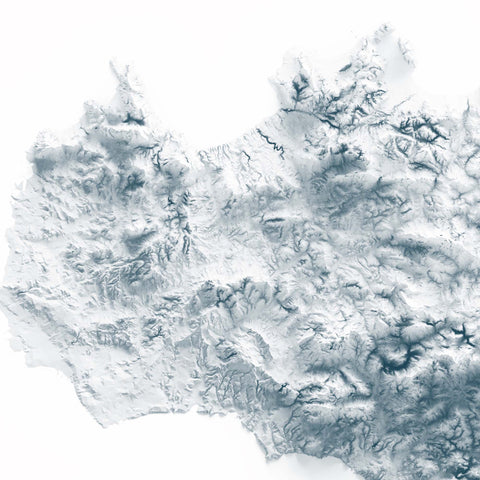 Sicily (Italy), Elevation tint - White, 2D printed shaded relief map with 3D effect of Sicily (Italy) with white hypsometric tint. Shop our beautiful fine art printed maps on supreme Cotton paper. Vintage maps digitally restored and enhanced with a 3D effect. VizCart from Vizart