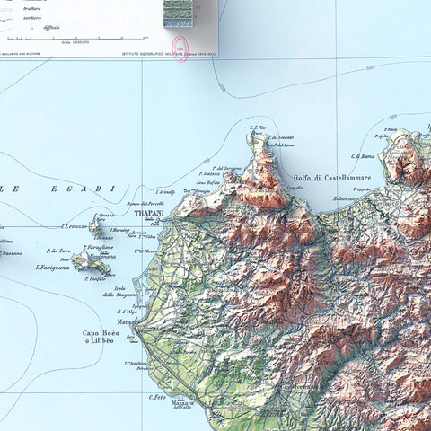 Sicily (Italy), Topographic map - 1943, 2D printed shaded relief map with 3D effect of a 1943 topographic map of Siciliy (Italy). Shop our beautiful fine art printed maps on supreme Cotton paper. Vintage maps digitally restored and enhanced with a 3D effect. VizCart from Vizart