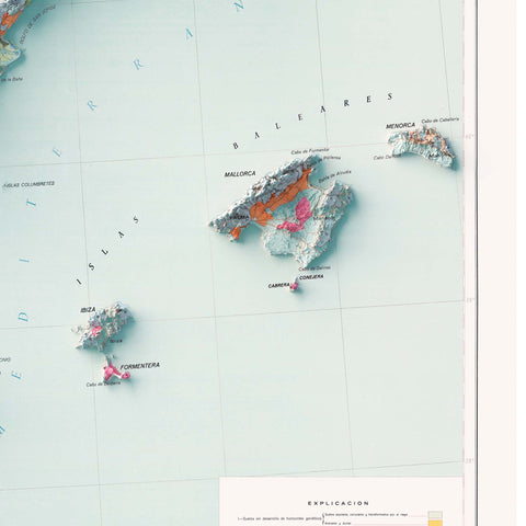 Spanish peninsula and Baleares (Spain), Soil map - 1966, 2D printed shaded relief map with 3D effect of a 1966 soil map of Spain peninsula and Baleares. Shop our beautiful fine art printed maps on supreme Cotton paper. Vintage maps digitally restored and enhanced with a 3D effect. VizCart from Vizart