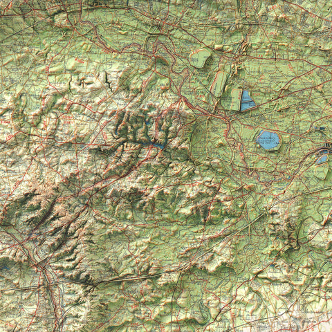 Surrey (England, UK), Topographic map - 1942, 2D printed shaded relief map with 3D effect of a 1942 topographic map of Surrey (UK). Shop our beautiful fine art printed maps on supreme Cotton paper. Vintage maps digitally restored and enhanced with a 3D effect. VizCart from Vizart