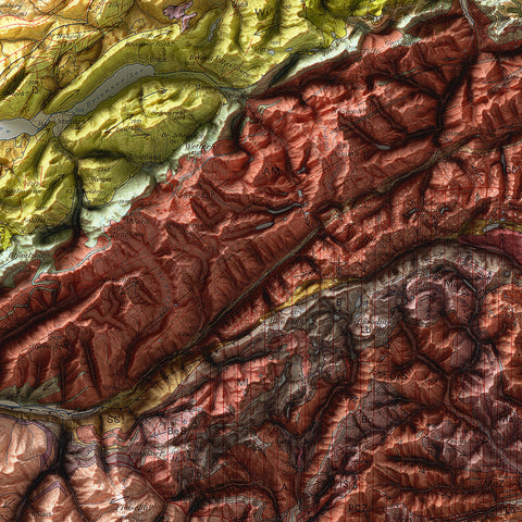 Switzerland, Geological map - 1972, 2D printed shaded relief map with 3D effect of a 1972 geological map of Switzerland. Shop our beautiful fine art printed maps on supreme Cotton paper. Vintage maps digitally restored and enhanced with a 3D effect. VizCart from Vizart