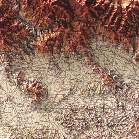 Tuscany (Italy), Topographic map - 1935, 2D printed shaded relief map with 3D effect of a 1935 topographic map of Tuscany (Italy). Shop our beautiful fine art printed maps on supreme Cotton paper. Vintage maps digitally restored and enhanced with a 3D effect. VizCart from Vizart