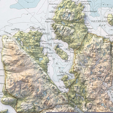 Ullapool (Scotland, UK), Topographic map - 1912, 2D printed shaded relief map with 3D effect of a 1912 topographic map of Ullapool and Lochinver (Scotland, UK). Shop our beautiful fine art printed maps on supreme Cotton paper. Vintage maps digitally restored and enhanced with a 3D effect. VizCart from Vizart
