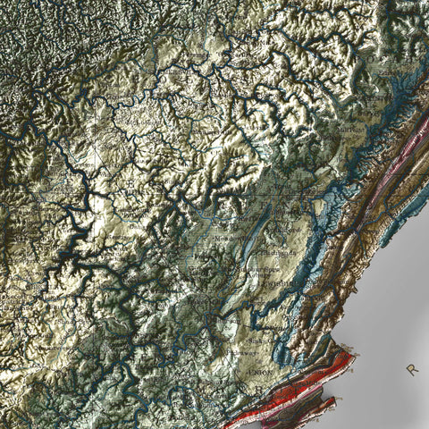 West Virginia (USA), Geological map - 1932, 2D printed shaded relief map with 3D effect of a 1932 geological map of West Virginia (USA). Shop our beautiful fine art printed maps on supreme Cotton paper. Vintage maps digitally restored and enhanced with a 3D effect. VizCart from Vizart