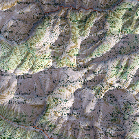Acceglio (Italy), Topographic map - 1899, 2D printed shaded relief map with 3D effect of a 1899 topographic map of Acceglio (Italy). Shop our beautiful fine art printed maps on supreme Cotton paper. Vintage maps digitally restored and enhanced with a 3D effect. VizCart from Vizart