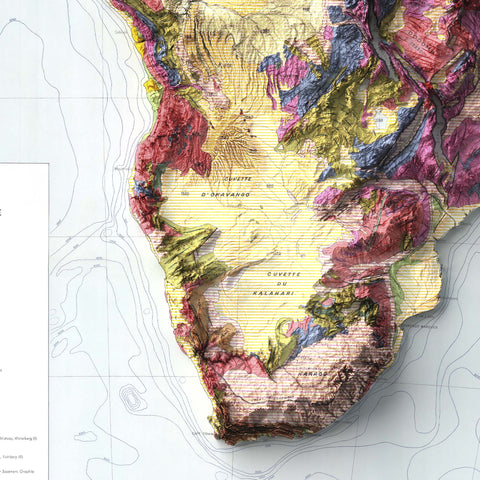 Africa, Geological map - 1958, 2D printed shaded relief map with 3D effect of a 1958 geologic map of Africa. Shop our beautiful fine art printed maps on supreme Cotton paper. Vintage maps digitally restored and enhanced with a 3D effect. VizCart from Vizart