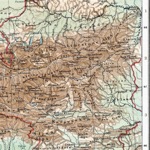 Alps 1900 topographic digitally restored map reprint on fine art paper close up