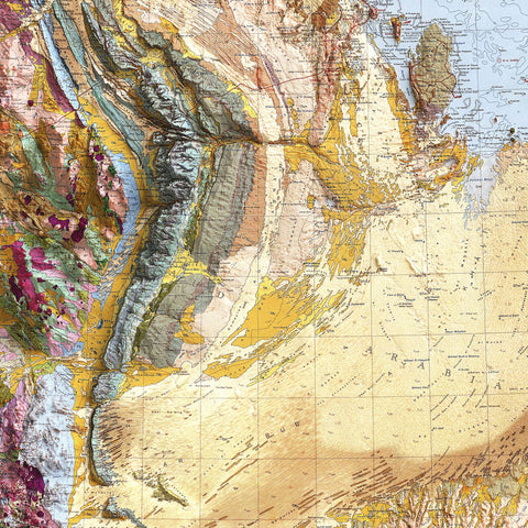 Arabian Peninsula, Geological map - 1963, 2D printed shaded relief map with 3D effect of a 1963 geological map of Saudi Arabia. Shop our beautiful fine art printed maps on supreme Cotton paper. Vintage maps digitally restored and enhanced with a 3D effect. VizCart from Vizart