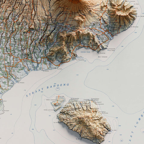 Bali (Indonesia), Topographic map - 1935, 2D printed shaded relief map with 3D effect of a 1935 topographic map of Bali (Indonesia). Shop our beautiful fine art printed maps on supreme Cotton paper. Vintage maps digitally restored and enhanced with a 3D effect., VizCart from Vizart