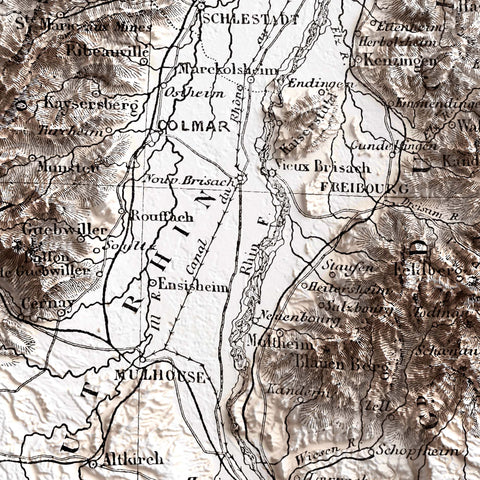 Black Forest (Germany) 1867 topographic restored antique shaded relief map print on fine art paper close-up