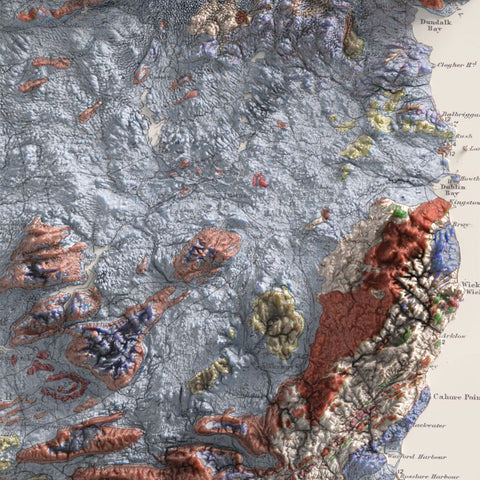 British-Irish Isles, Geological map - 1906, 2D printed shaded relief map with 3D effect of a 1906 geological map of Britain and Ireland (British-Irish Isles). Shop our beautiful fine art printed maps on supreme Cotton paper. Vintage maps digitally restored and enhanced with a 3D effect. VizCart from Vizart
