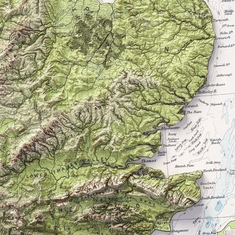 British-Irish Isles 1920 topographic restored antique shaded relief map print on fine art paper close-up