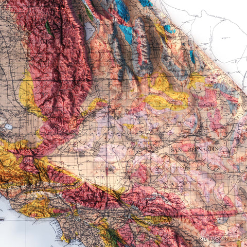 California (USA), Geological map - 1916, 2D printed shaded relief map with 3D effect of a 1916 geological map of California (USA). Shop our beautiful fine art printed maps on supreme Cotton paper. Vintage maps digitally restored and enhanced with a 3D effect. VizCart from Vizart