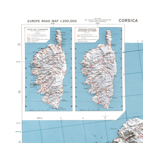 Corsica (France) 1943 topographic restored antique shaded relief map print on fine art paper close-up