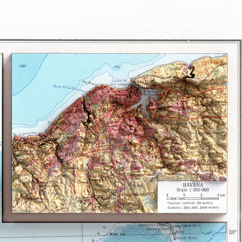 Cuba, Topographic map - 1967, 2D printed shaded relief map with 3D effect of a 1967 topographic map of Cuba. Shop our beautiful fine art printed maps on supreme Cotton paper. Vintage maps digitally restored and enhanced with a 3D effect. VizCart from Vizart