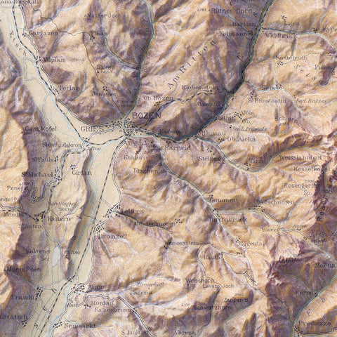 Dolomites (Italy) 1911 topographic restored antique shaded relief map print on fine art paper close-up