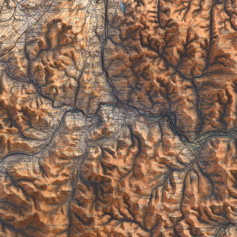 Edinburgh (Scotland, UK), Topographic map - 1912, 2D printed shaded relief map with 3D effect of a 1912 topographic map of Edinburgh (Scotland, UK). Shop our beautiful fine art printed maps on supreme Cotton paper. Vintage maps digitally restored and enhanced with a 3D effect. VizCart from Vizart