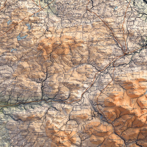 Glasgow (Scotland, UK), Topographic map - 1912, 2D printed shaded relief map with 3D effect of a 1912 topographic map of Glasgow (Scotland, UK). Shop our beautiful fine art printed maps on supreme Cotton paper. Vintage maps digitally restored and enhanced with a 3D effect. VizCart from Vizart