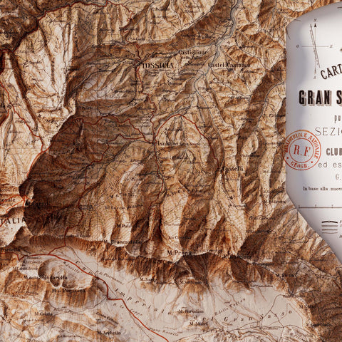 Gran Sasso d'Italia (Abruzzo, Italy), Topographic map - 1887, 2D printed shaded relief map with 3D effect of a 1887 topographic map of Gran Sasso d'Italia (Abruzzo, Italy). Shop our beautiful fine art printed maps on supreme Cotton paper. Vintage maps digitally restored and enhanced with a 3D effect. VizCart from Vizart