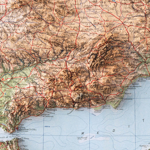 Iberian Peninsula, Topographic map - 1956, 2D printed shaded relief map with 3D effect of a 1956 topographic map of Iberian Peninsula. Shop our beautiful fine art printed maps on supreme Cotton paper. Vintage maps digitally restored and enhanced with a 3D effect. VizCart from Vizart