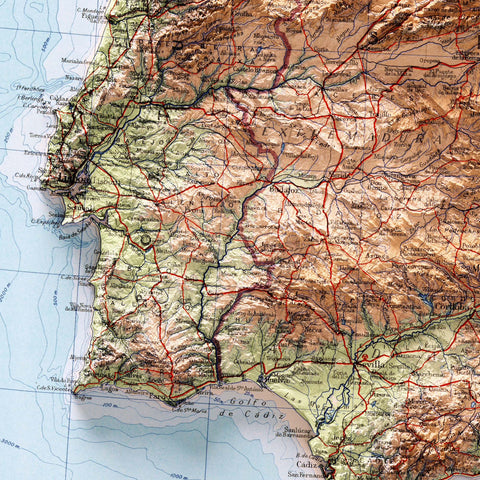 Iberian Peninsula, Topographic map - 1956, 2D printed shaded relief map with 3D effect of a 1956 topographic map of Iberian Peninsula. Shop our beautiful fine art printed maps on supreme Cotton paper. Vintage maps digitally restored and enhanced with a 3D effect. VizCart from Vizart