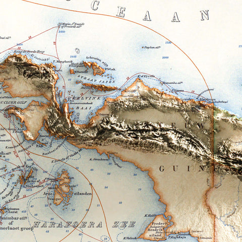 Indonesia, Topographic map - 1901, 2D printed shaded relief map with 3D effect of a 1901 topographic map of Indonesia. Shop our beautiful fine art printed maps on supreme Cotton paper. Vintage maps digitally restored and enhanced with a 3D effect. VizCart from Vizart