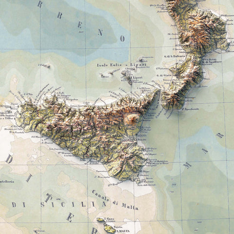 Italy, Topographic map - 1888, 2D printed shaded relief map with 3D effect of a 1888 topographic map of Italy. Shop our beautiful fine art printed maps on supreme Cotton paper. Vintage maps digitally restored and enhanced with a 3D effect. VizCart from Vizart