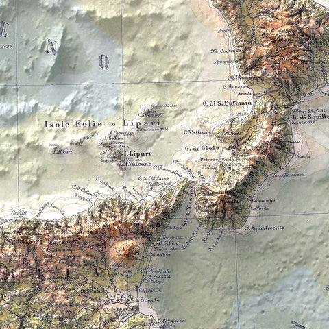 Italy Bathymetric, Topographic map - 1888, 2D printed shaded relief map with 3D effect of a 1888 topographic map of Italy with bathymetric. Shop our beautiful fine art printed maps on supreme Cotton paper. Vintage maps digitally restored and enhanced with a 3D effect. VizCart from Vizart
