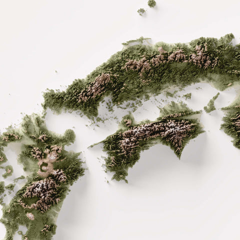 Japan, Elevation tint - Geo, 2D printed shaded relief map with 3D effect of Japan with geo hypsometric tint. Shop our beautiful fine art printed maps on supreme Cotton paper. Vintage maps digitally restored and enhanced with a 3D effect. VizCart from Vizart