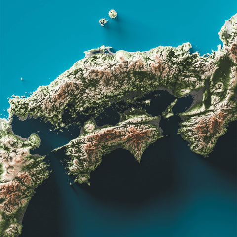 Japan, Elevation tint - Geolight, 2D printed shaded relief map with 3D effect of Japan with geo hypsometric tint. Shop our beautiful fine art printed maps on supreme Cotton paper. Vintage maps digitally restored and enhanced with a 3D effect. VizCart from Vizart