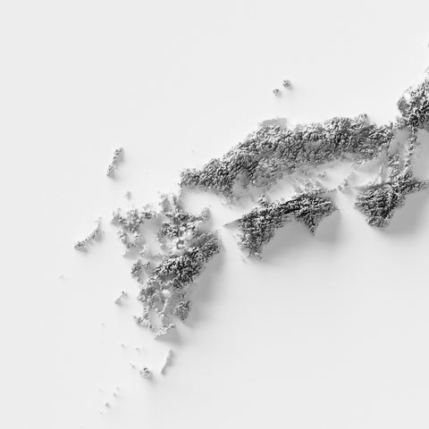 Japan, Elevation tint - White, 2D printed shaded relief of hypsometric map with 3D effect of Japan with monochrome white tint. Shop our beautiful fine art printed maps on supreme Cotton paper. Vintage maps digitally restored and enhanced with a 3D effect. VizCart from Vizart