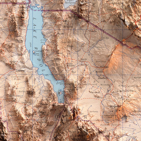 Kenya Uganda, Topographic map - 1956, 2D printed shaded relief map with 3D effect of a 1956 topographic map of Kenya and Uganda. Shop our beautiful fine art printed maps on supreme Cotton paper. Vintage maps digitally restored and enhanced with a 3D effect VizCart from Vizart