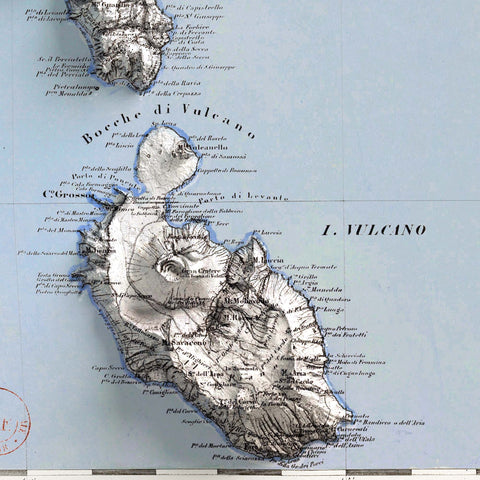 Lipari (Italy), Topographic map - 1873, 2D printed shaded relief map with 3D effect of a 1873 topographic map of Lipari (Italy). Shop our beautiful fine art printed maps on supreme Cotton paper. Vintage maps digitally restored and enhanced with a 3D effect. VizCart from Vizart