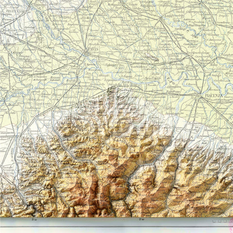 Lombardy (Italy), Topographic map - 1935, 2D printed shaded relief map with 3D effect of a 1935 topographic map of Lombardy (Italy). Shop our beautiful fine art printed maps on supreme Cotton paper. Vintage maps digitally restored and enhanced with a 3D effect, VizCart from Vizart