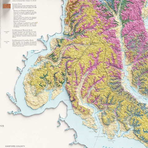 Maryland, Geological map - 1968, 2D printed shaded relief map with 3D effect of a 1968 geologic map of Maryland (USA). Shop our beautiful fine art printed maps on supreme Cotton paper. Vintage maps digitally restored and enhanced with a 3D effect. VizCart from Vizart