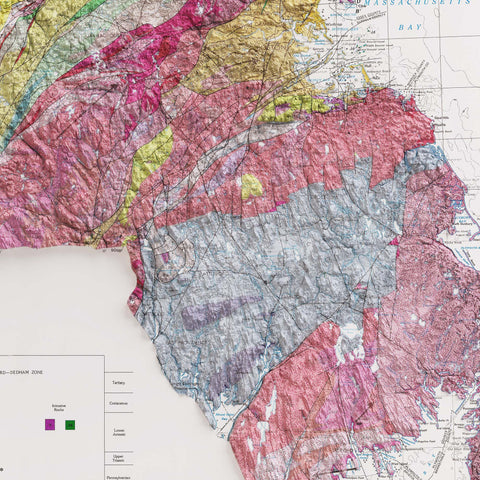 Massachusetts, Geological map - 1983, 2D printed shaded relief map with 3D effect of a 1983 geologic map of Massachusetts (USA). Shop our beautiful fine art printed maps on supreme Cotton paper. Vintage maps digitally restored and enhanced with a 3D effect. VizCart from Vizart