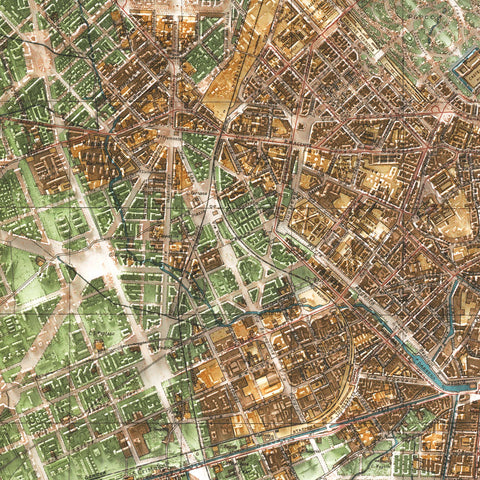 Milan (Italy) 1910 city restored antique shaded relief map print on fine art paper close-up