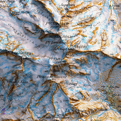 Mt Rosa (Italy), Topographic map - 1899, 2D printed shaded relief map with 3D effect of a 1899 topographic map of Monte Rosa. Shop our beautiful fine art printed maps on supreme Cotton paper. Vintage maps digitally restored and enhanced with a 3D effect. VizCart from Vizart