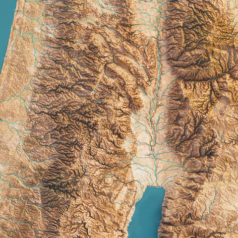 Palestine, Elevation map - satellite, 2D printed shaded relief map with 3D effect realized by Vizart in 2024. Shop our beautiful fine art printed maps on supreme Cotton paper. Vintage maps digitally restored and enhanced with a 3D effect.