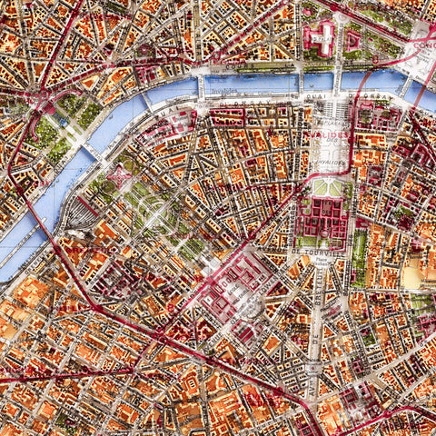 Paris (France) 1916 city restored antique shaded relief map print on fine art paper close-up