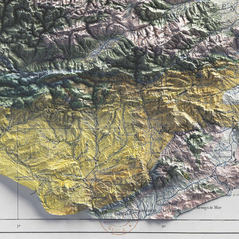 Pyrenees, Geological map - 1891, 2D printed shaded relief map with 3D effect of a 1891 geological map of Pyrenees (France, Spain). Shop our beautiful fine art printed maps on supreme Cotton paper. Vintage maps digitally restored and enhanced with a 3D effect. VizCart from Vizart