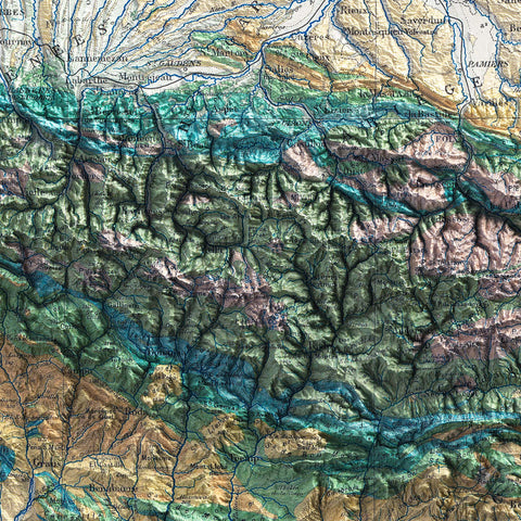 Pyrenees 1891 geological restored antique shaded relief map print on fine art paper close-up